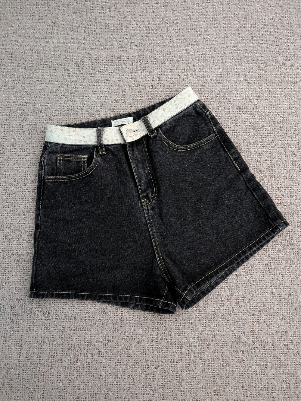 Gray Denim High-Rise Shorts With Floral Waistband